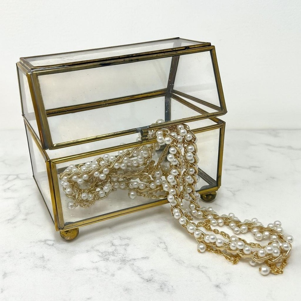 Brass Glass Jewelry Box Hinged Trinket Display Casket 4.5" T Footed Vintage MCM